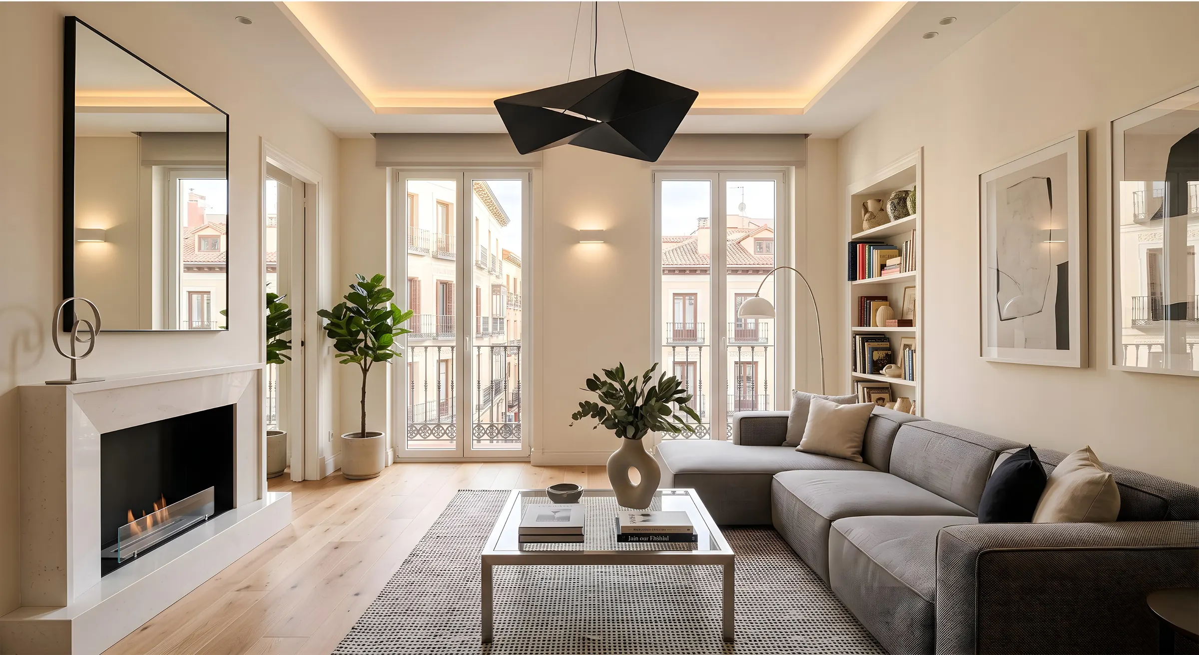 Salón luminoso de un piso señorial reformado en el centro de Madrid